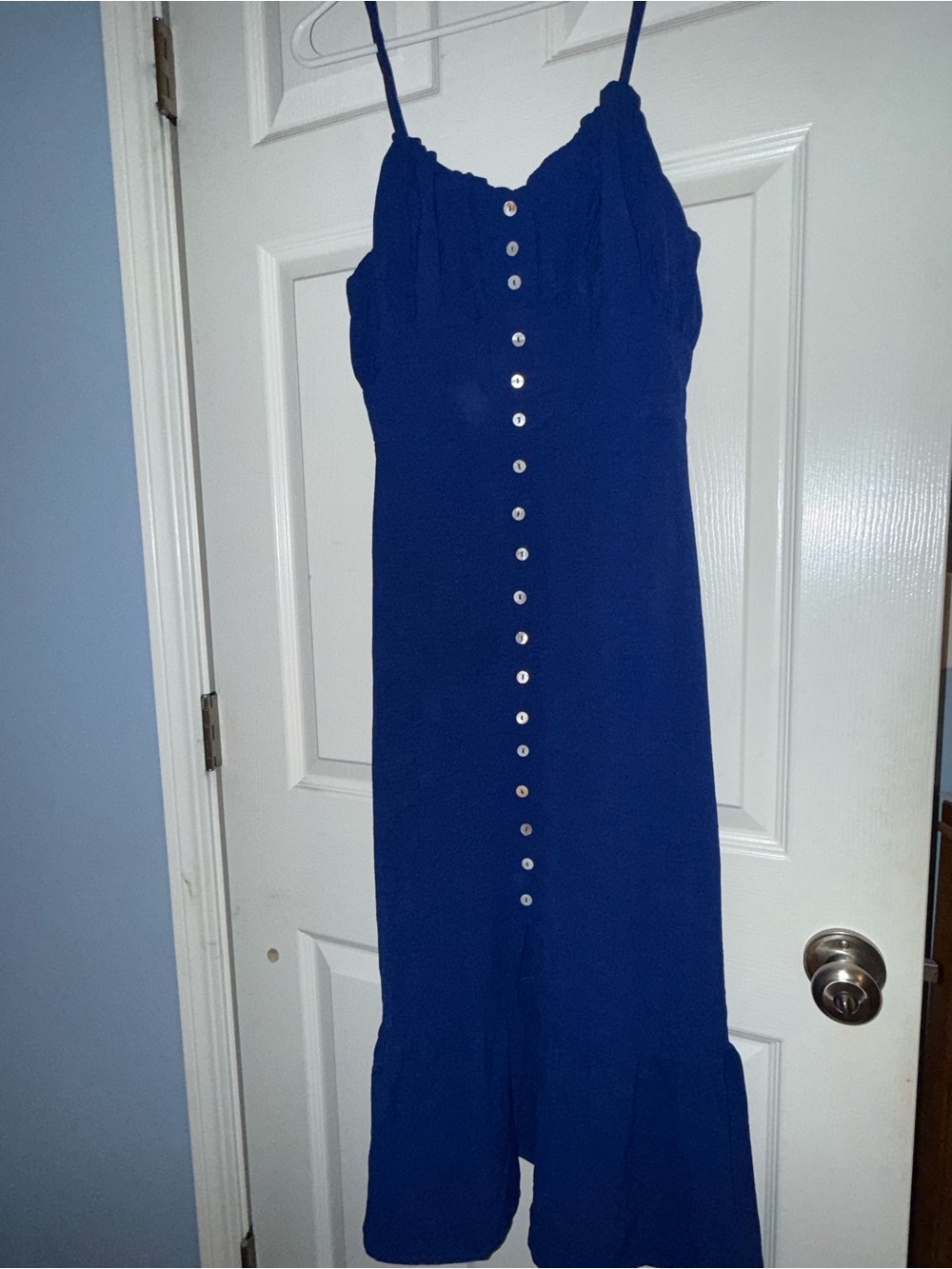 indulge Royal Blue Button-Front Spaghetti Strap Maxi Dress